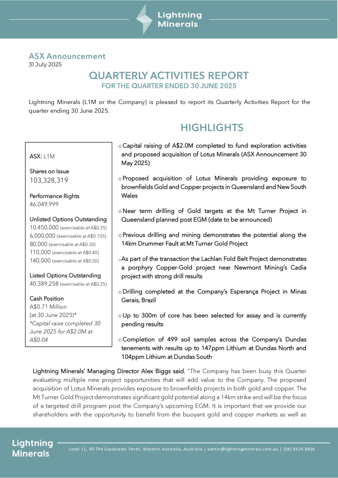 Quarterly Activities/Appendix 5B Cash Flow Report
